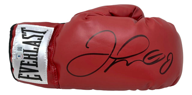 A Floyd Mayweather Jr signed red Everlast right hand boxing glove by Sports Integrity, featuring a black autograph across the top and a white Everlast logo patch on the wrist.