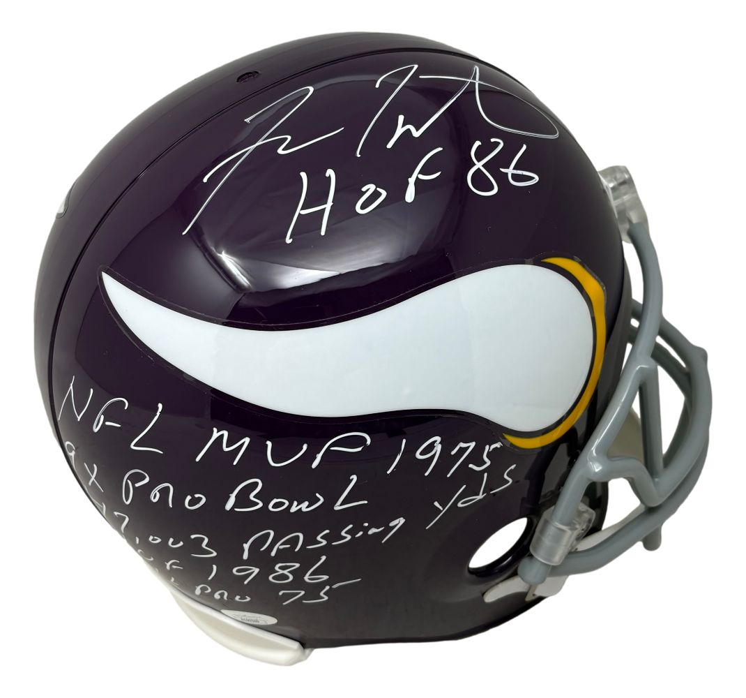 Fran Tarkenton Signed Vikings Full Size Replica Helmet w/ Stats Insc JSA Holo