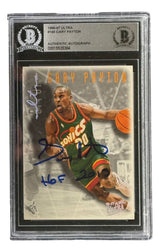 The Sports Integrity Gary Payton Signed 1996/97 Ultra #145 Seattle Sonics Trading Card (HOF 2013) is autographed and authenticated by BAS, featuring Payton in action and securely encased for protection.