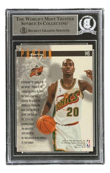 The Gary Payton Signed 1996/97 Ultra #145 Seattle Sonics Trading Card by Sports Integrity features his autograph, HOF 2013 inscription, and is BAS authenticated in a Beckett holder.