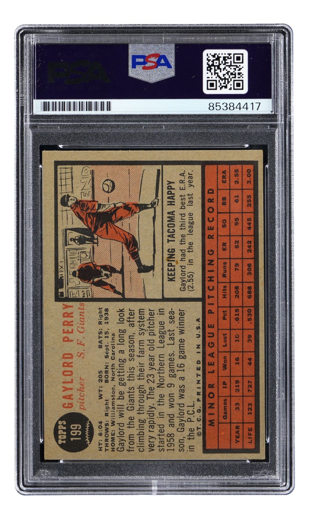 The image displays the back of a Gaylord Perry Signed 1962 Topps #199 San Francisco Giants Rookie Card, graded by PSA with serial number 85384417, from Sports Integrity, showing stats, a cartoon, and the PSA label at the top.