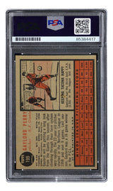 The image displays the back of a Gaylord Perry Signed 1962 Topps #199 San Francisco Giants Rookie Card, graded by PSA with serial number 85384417, from Sports Integrity, showing stats, a cartoon, and the PSA label at the top.