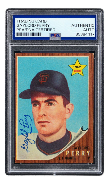 The Sports Integrity Gaylord Perry Signed 1962 Topps #199 San Francisco Giants Rookie Card is PSA graded, featuring Perry's portrait, autograph, and a yellow "1962 Rookie" star.