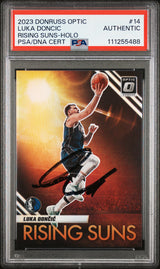 Luka Doncic Signed 2023 Donruss Optic Risings Suns Holo #14 Card PSA Slabbed