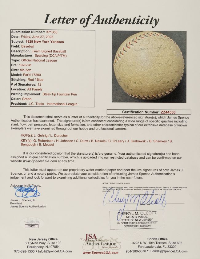 Lou Gehrig 1928 New York Yankees Team Signed Official NL Baseball JSA