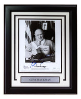 Gene Hackman Signed Framed 8x10 “The Birdcage” Photo by Sports Integrity, authenticated by JSA, featuring a black-and-white image of Hackman reading, with name plaque and "The Birdcage" (1996) label.