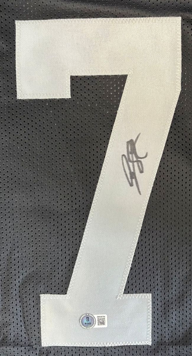 The Sports Integrity Geno Smith Las Vegas Signed Black Football Jersey BAS features a large white number 7 with Geno Smith's autograph in black marker across the number and a BAS verification sticker at the bottom.