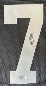 The Sports Integrity Geno Smith Las Vegas Signed Black Football Jersey BAS features a large white number 7 with Geno Smith's autograph in black marker across the number and a BAS verification sticker at the bottom.