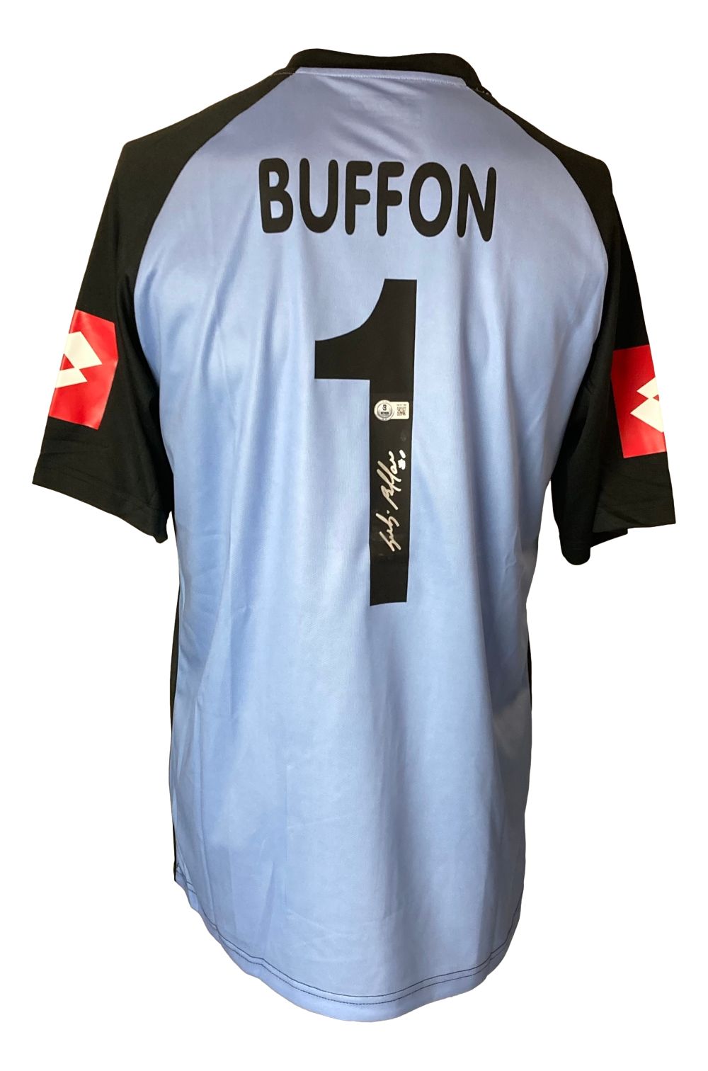 The Sports Integrity Gianluigi Buffon Signed Juventus Lotto Blue Soccer Jersey BAS features light blue and black colors, red sleeve patches, BUFFON and the number 1 on the back, plus a signature below the number.