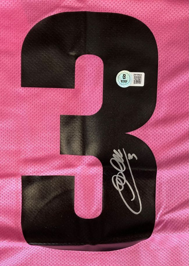 A Giorgio Chiellini Signed Juventus Pink Nike Soccer Jersey by Sports Integrity features a large black number 3 on pink mesh, his silver ink signature, and a QR code authentication sticker near the upper right of the number.