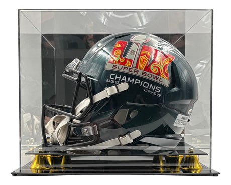 The Sports Integrity Brandon Graham Signed Eagles FS Super Bowl LIX Replica Helmet features "Super Bowl Champions," the final score “Eagles 35 Chiefs 22,” a stylized logo, and comes in a display case.