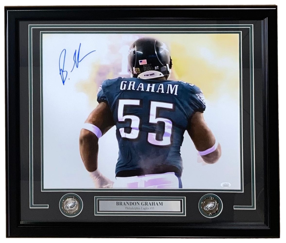 Sports Integrity Brandon Graham Signed Framed 16x20 Super Bowl 59 Eagles Smoke Photo (JSA), features his autograph, Eagles #55 jersey, commemorative coins, and display plaque—perfect for Philadelphia Eagles fans.