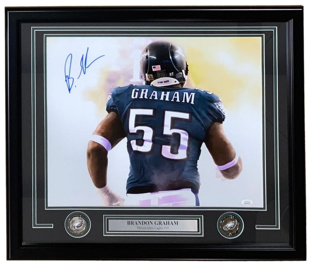 Sports Integrity Brandon Graham Signed Framed 16x20 Super Bowl 59 Eagles Smoke Photo (JSA), features his autograph, Eagles #55 jersey, commemorative coins, and display plaque—perfect for Philadelphia Eagles fans.