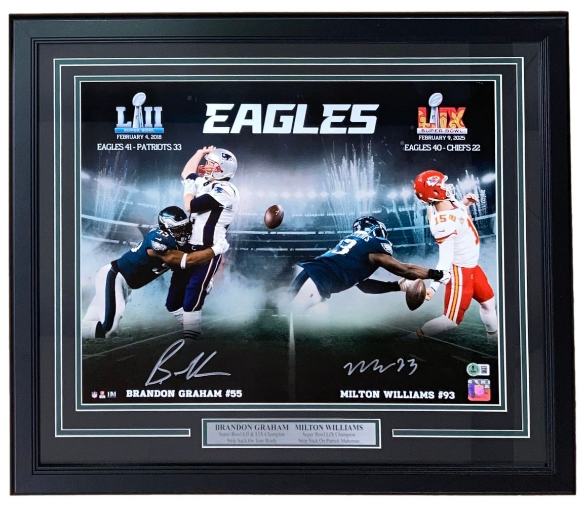 The Sports Integrity Graham Williams Signed Framed 16x20 Eagles Super Bowl Strip Sack Photo features a BAS-authenticated autograph and iconic Eagles sack moments from Super Bowls LII and LVII.