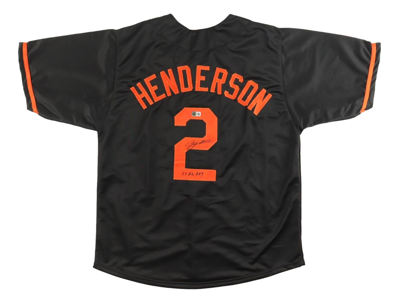 A black Gunnar Henderson Baltimore baseball jersey by Sports Integrity, featuring orange accents, his name and number 2 on the back signed and dated "23.2.14. HOF," commemorating his AL ROY award with BAS authentication.