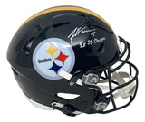 The Sports Integrity James Harrison Signed Steelers FS Authentic SpeedFlex Helmet features the Pittsburgh Steelers logo, “2x SB Champs,” and his signature in white marker. BAS authenticated.