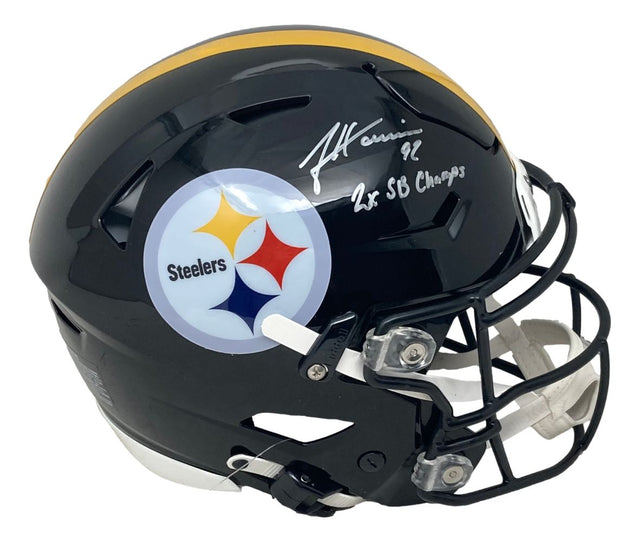 The Sports Integrity James Harrison Signed Steelers FS Authentic SpeedFlex Helmet features the Pittsburgh Steelers logo, “2x SB Champs,” and his signature in white marker. BAS authenticated.