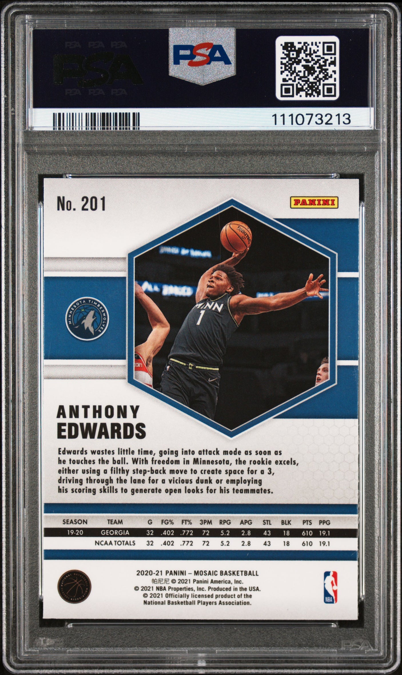 Anthony Edwards Signed 2020 Panini Mosaic #201 Rookie Card 10! Auto 10! PSA Slab