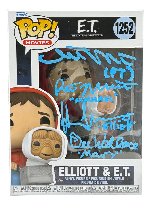 A Sports Integrity ET Funko Pop #1252 from E.T. the Extra-Terrestrial, autographed on the box window by Henry Thomas, Matthew De Merritt, and two others from the cast (4 signatures), JSA authenticated.