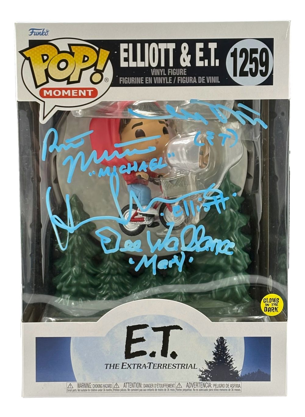 A Sports Integrity ET Cast (4) Signed Jumbo Funko Pop #1259, autographed by Henry Thomas, De Merritt & more, with “E.T. The Extra-Terrestrial” branded packaging and a “Glow in the Dark” sticker. JSA authenticated.