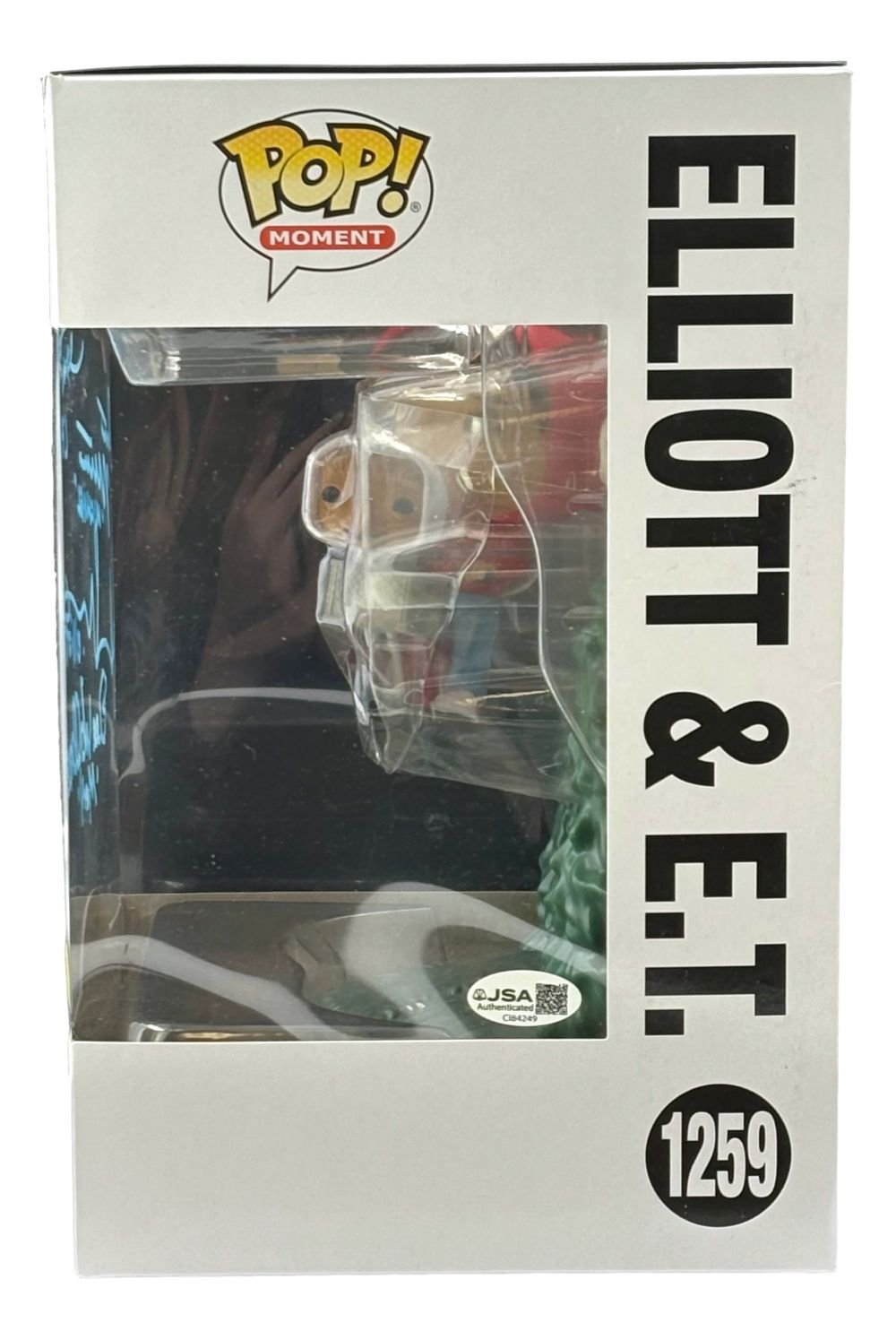 The ET Cast (4) Signed ET Jumbo Funko Pop #1259 by Sports Integrity features autographs from Henry Thomas, De Merritt & more, with the figures visible in a windowed box labeled ELLIOTT & E.T.