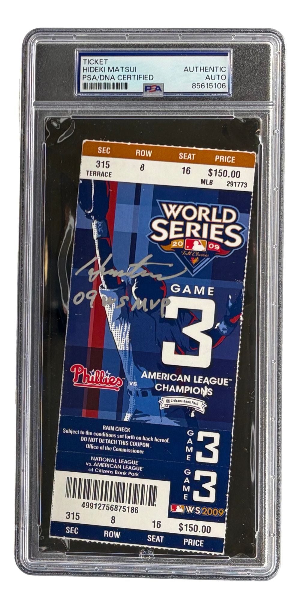 Hideki Matsui Signed NY Yankees 2009 World Series Game 3 Ticket 09 WS MVP PSA