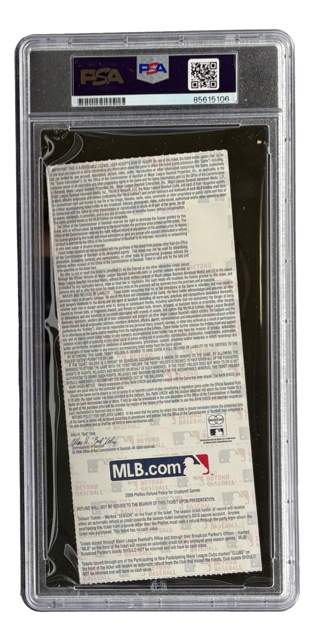 A Hideki Matsui Signed NY Yankees 2009 World Series Game 3 ticket, authenticated by PSA in a clear holder. The back displays detailed text, stats, an MLB.com logo at the bottom, and a visible PSA label and barcode on top. By Sports Integrity.