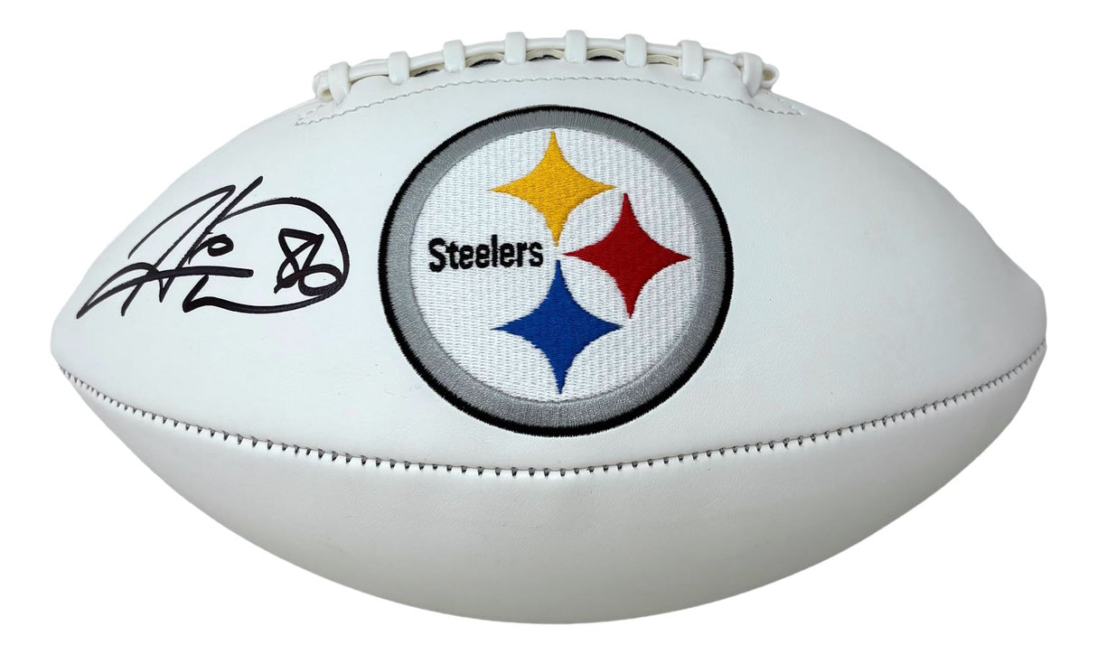 The Sports Integrity Hines Ward Signed Pittsburgh Steelers Logo Football features a white football with the team logo centered and Hines Ward's black ink autograph on the left.