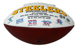 The Hines Ward Signed Pittsburgh Steelers Logo Football by Sports Integrity features black and yellow text on a white and brown background, with team name, establishment date, championship years, and Super Bowl logos.