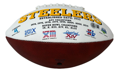 The Hines Ward Signed Pittsburgh Steelers Logo Football by Sports Integrity features black and yellow text on a white and brown background, with team name, establishment date, championship years, and Super Bowl logos.