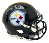 A Hines Ward signed Pittsburgh Steelers mini speed replica helmet by Sports Integrity, featuring the team logo, yellow stripe, faceguard, and white signature on top.