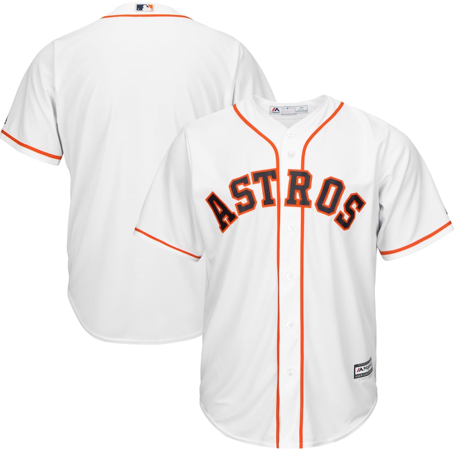 The Sports Integrity Houston Astros White Majestic Cool Base Baseball Jersey is shown from front and back, featuring orange and black piping and bold "ASTROS" lettering across the chest.