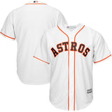 The Sports Integrity Houston Astros White Majestic Cool Base Baseball Jersey is shown from front and back, featuring orange and black piping and bold "ASTROS" lettering across the chest.