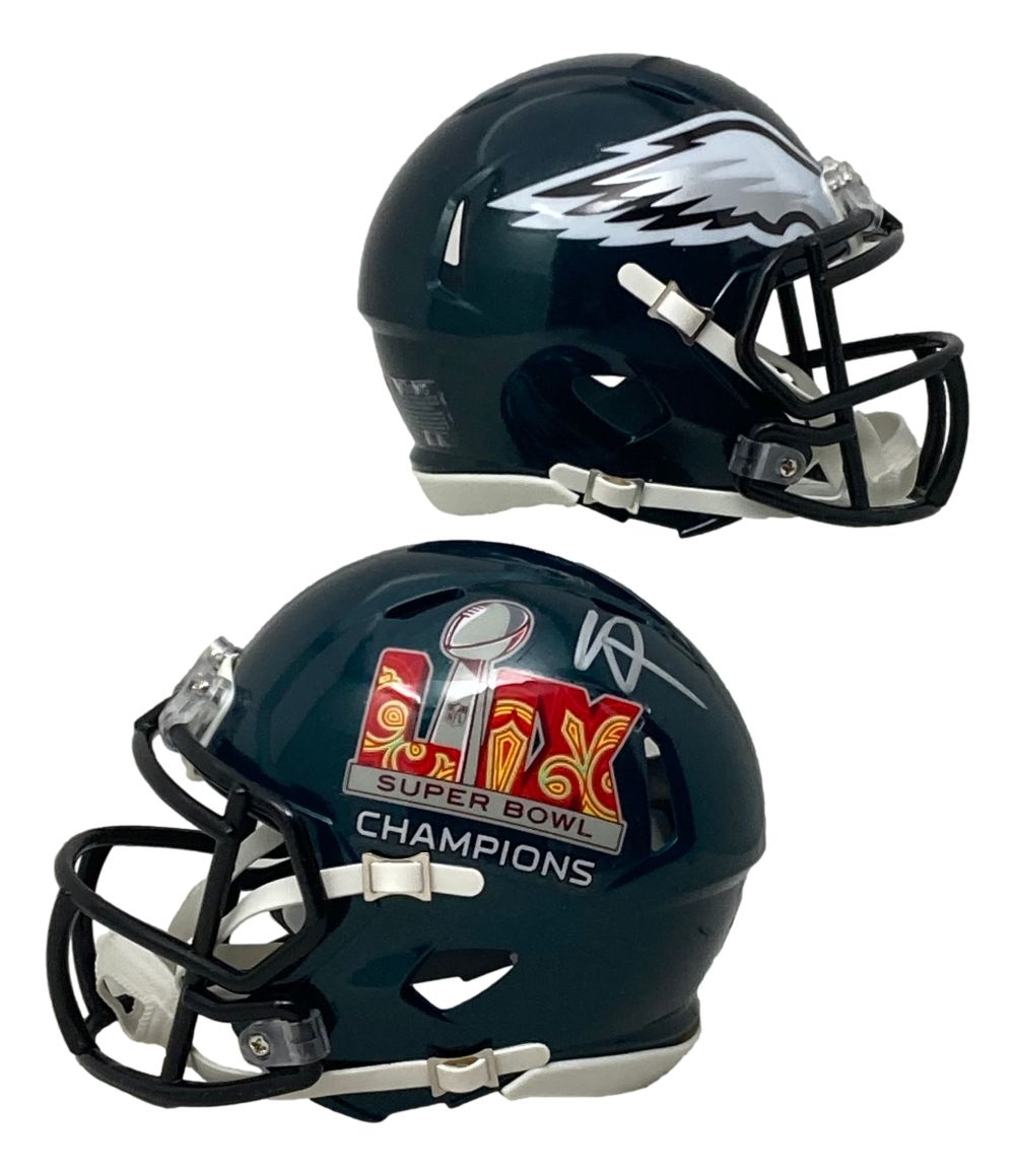 The Sports Integrity Howie Roseman Signed Philadelphia Eagles Super Bowl LIX Mini Speed Helmet features a dark green shell, a white eagle wing logo on one side, and a Super Bowl 59 Champions graphic with a silver Lombardi Trophy on the other.