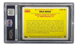 The Sports Integrity Hulk Hogan Signed 2015 Topps WWE Wrestlemania #5 Trading Card comes PSA slabbed, features text about Hogan defeating Andre the Giant at WrestleMania III, and has a yellow background with black, red, and gold accents.