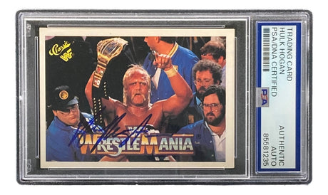 This Hulk Hogan Signed 1990 Classic WWF Wrestlemania #11 Trading Card by Sports Integrity features Hogan with a championship belt, is PSA authenticated, and comes in a protective case.