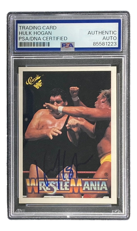 The Sports Integrity Hulk Hogan Signed 1990 Classic WWF Wrestlemania #28 Trading Card is PSA-certified, features Hogan wrestling, his autograph on the front, and comes encased in a protective plastic holder.