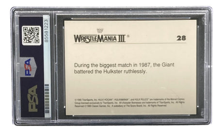 This Sports Integrity Hulk Hogan Signed 1990 Classic WWF Wrestlemania #28 Trading Card is PSA authenticated, features a QR code on the left, and recalls the epic 1987 match at WrestleMania III.