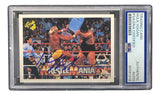 This Hulk Hogan Signed 1990 Classic WWF Wrestlemania #34 Trading Card by Sports Integrity is PSA authenticated and showcases two wrestlers in the ring, one holding a chair, autographed and securely slabbed.