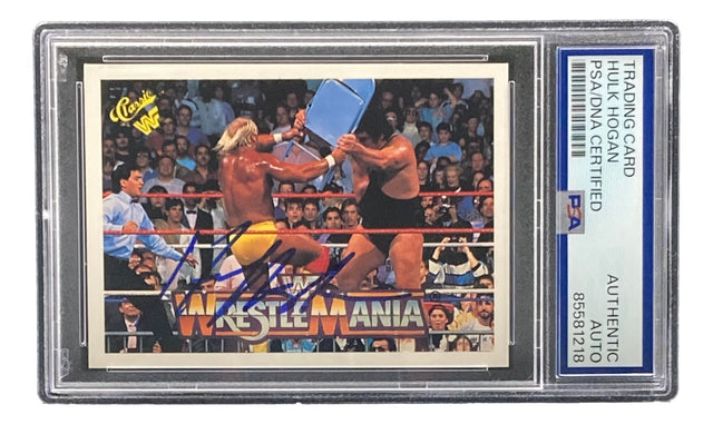 This Hulk Hogan Signed 1990 Classic WWF Wrestlemania #34 Trading Card by Sports Integrity is PSA authenticated and showcases two wrestlers in the ring, one holding a chair, autographed and securely slabbed.