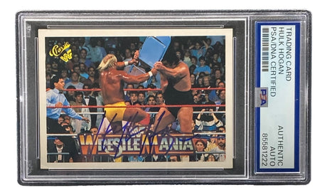 The Sports Integrity Hulk Hogan Signed 1990 Classic WWF Wrestlemania #34 Trading Card, authenticated by PSA (#85581222), features Hogan and Andre the Giant wrestling in the ring.