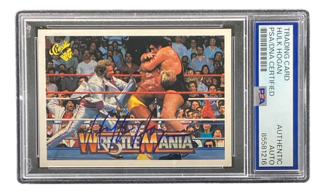 The Sports Integrity Hulk Hogan Signed 1990 Classic WWF Wrestlemania #35 Trading Card is PSA certified and encased in a holder labeled "Hulk Hogan Auto," featuring a wrestling match scene.