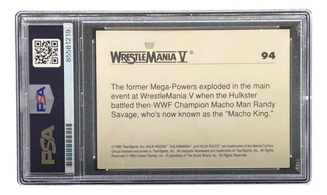 A Hulk Hogan Signed 1990 Classic WWF Wrestlemania #94 Trading Card by Sports Integrity is PSA-graded and highlights Hulk Hogan’s main event match at WrestleMania V, known as “The Mega-Powers Explode.”.