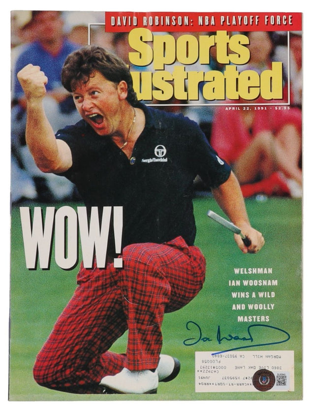 A jubilant golfer celebrates on the cover of Sports Illustrated as WOW! announces Ian Woosnam’s Masters win. This is the Ian Woosnam Signed Masters Champion 1991 Sports Illustrated Magazine by Sports Integrity.