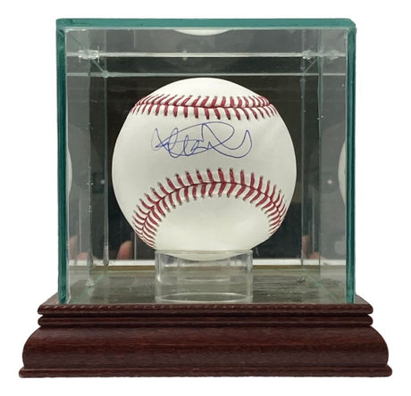 The Sports Integrity Ichiro Suzuki Seattle Mariners Signed Rawlings Official MLB Baseball features a blue autograph on the front and is showcased in a clear glass case with a wooden base.