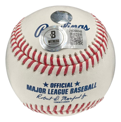 An Ichiro Suzuki Seattle Mariners Signed Rawlings Official MLB Baseball by Sports Integrity, featuring red stitching, blue text, two authentication stickers above the commissioner’s signature, and includes a display case.