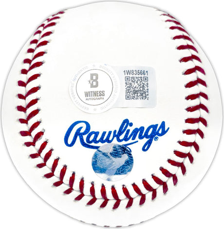 The Sports Integrity Ichiro Suzuki Seattle Mariners Signed Hall Of Fame Logo Baseball by Rawlings features red stitching, authentication stickers, a QR code, and the blue Rawlings logo on its white surface.