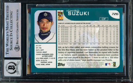 Ichiro Suzuki Signed 2001 Topps #726 Seattle Mariners Rookie Card BAS Auto 10 by Sports Integrity, featuring Ichiro in a Mariners cap, stats and bio on back, with Beckett and Topps logos included.