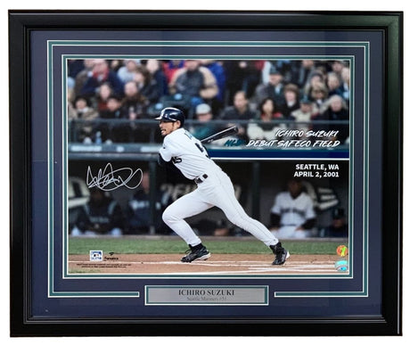 The Sports Integrity Ichiro Suzuki Signed Framed 16x20 Photo shows Ichiro batting for the Mariners, labeled with his MLB debut (April 2, 2001, Safeco Field) and autographed in white marker. Includes Ichiro COA.