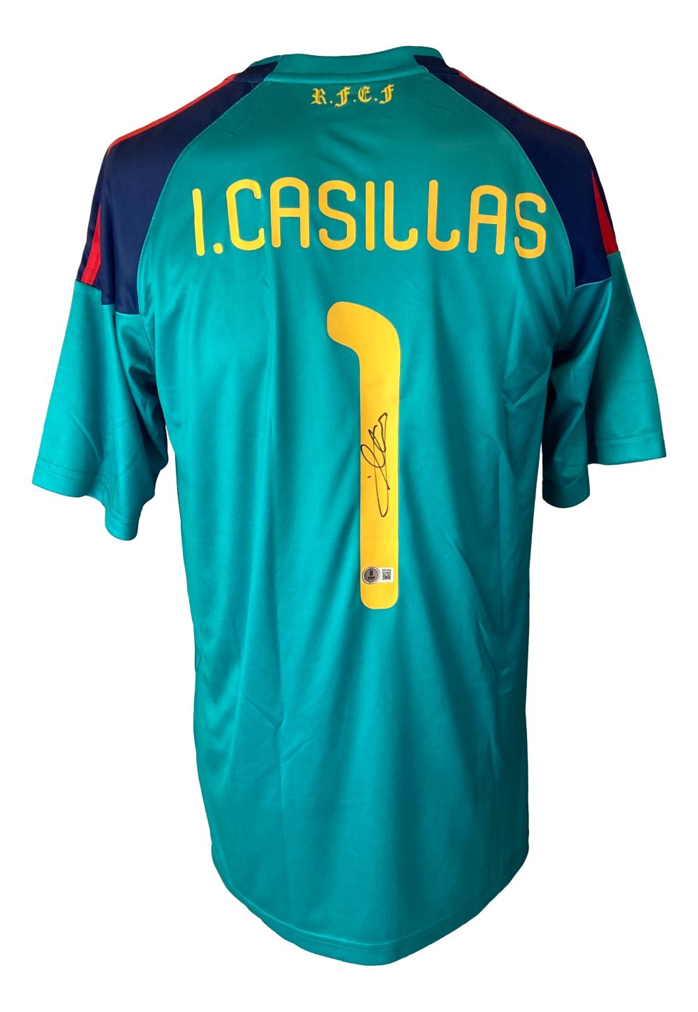 The Sports Integrity Iker Casillas Signed Spain Adidas Soccer Jersey BAS features teal and navy colors, yellow lettering, I. Casillas and number 1 on the back with his signature below, plus "R.F.E.F" printed on the upper back.